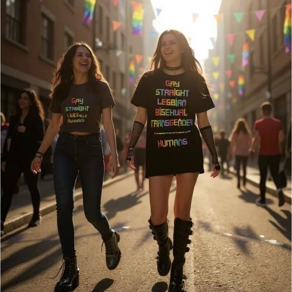 Club Exx ✦ Human Nature Glitter Tee ✦ Black Rainbow Pride Graphic Crew Neck L - Picture 3 of 5
